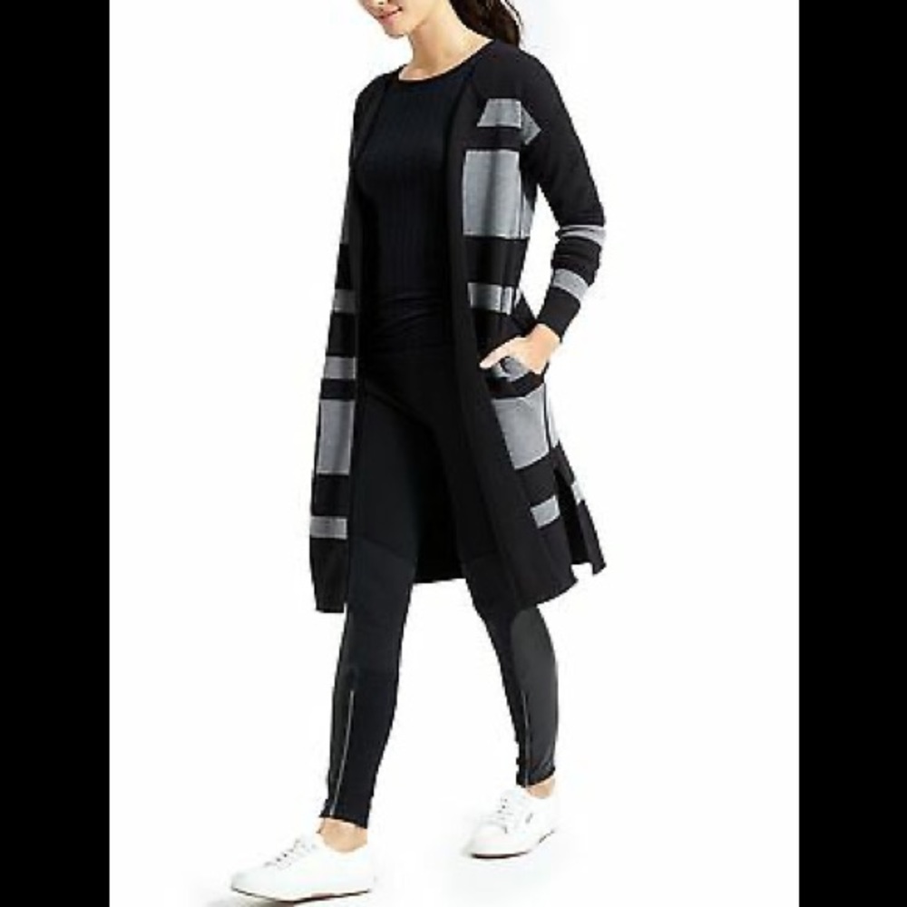 Athleta Blue and Gray Long Open-Front Striped Cardigan,reversible.